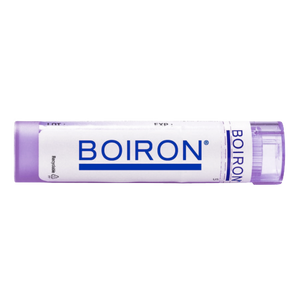Side view of Boiron Coffea Cruda 1M tube showcasing purple packaging on a white background
