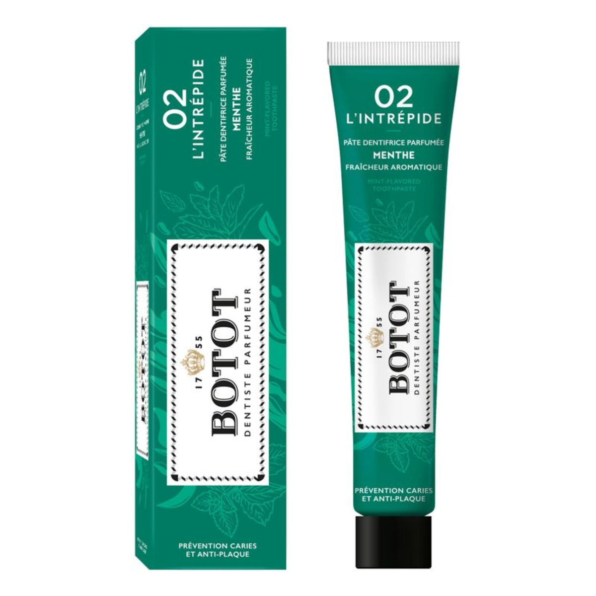 Front view of Botot Green Toothpaste showcasing green O2 packaging and matching tube on a white background