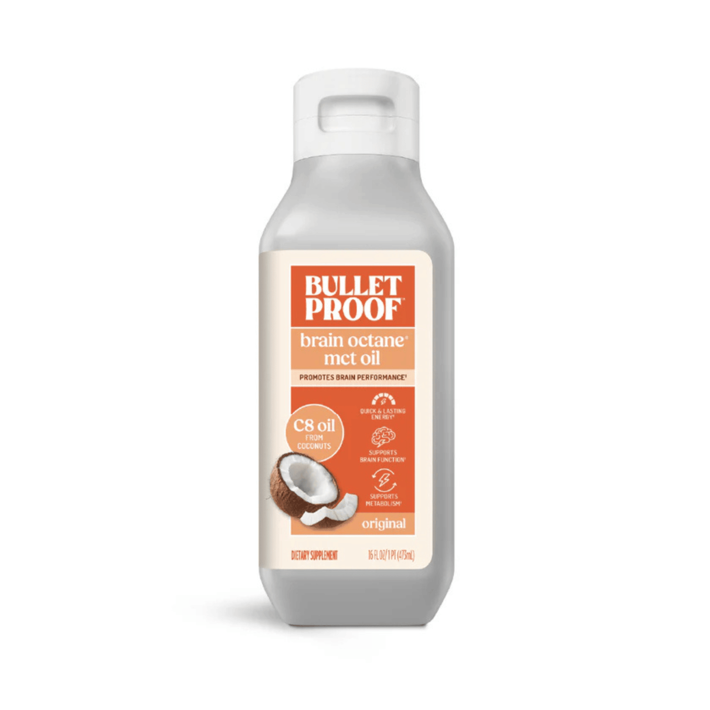 Primary Image of Brain Octane Oil 16oz, white bottle with orange label