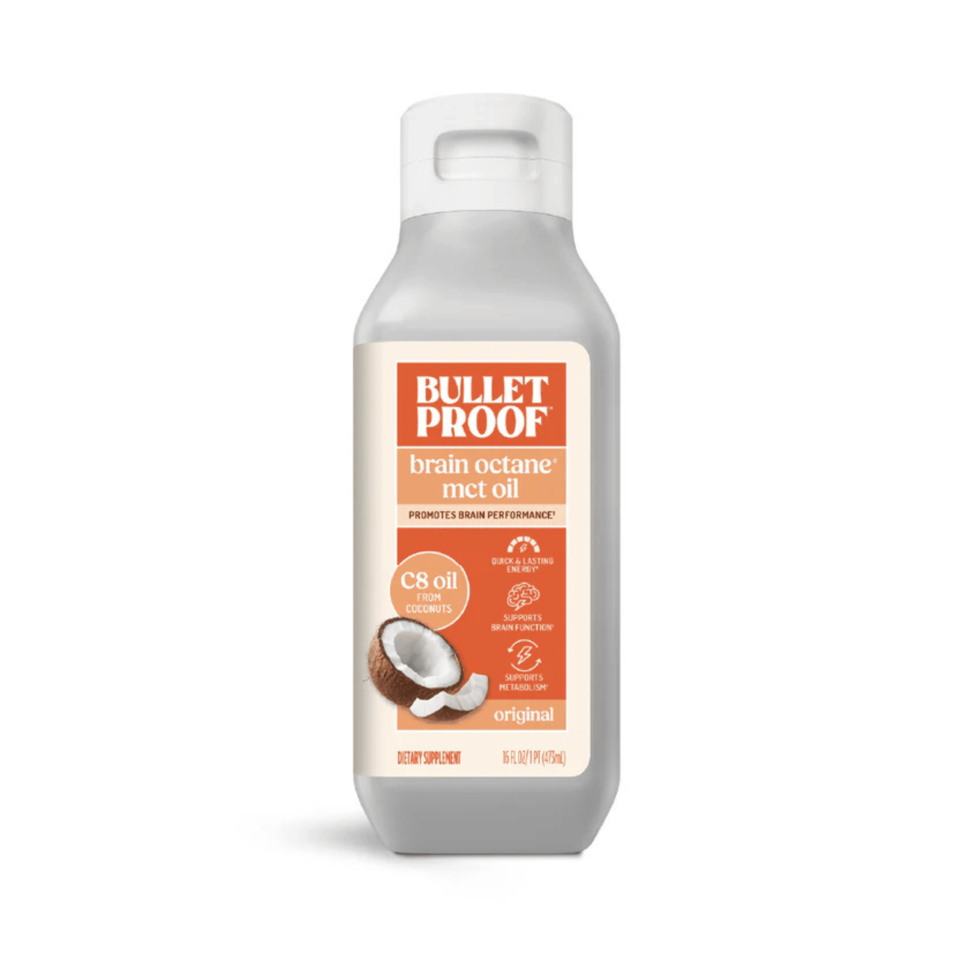 Primary Image of Brain Octane Oil 16oz, white bottle with orange label