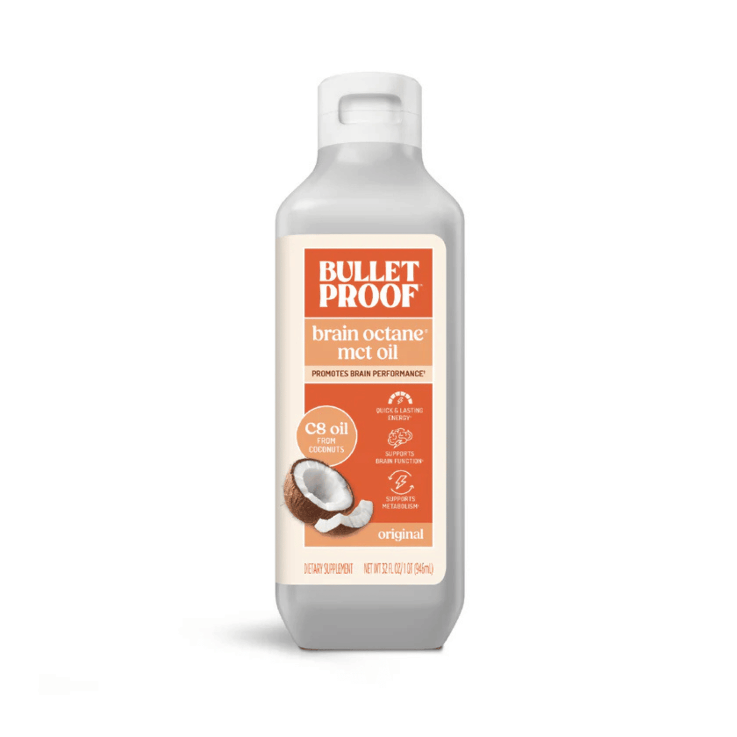 Primary Image of Brain Octane Oil 32oz, white bottle with orange label