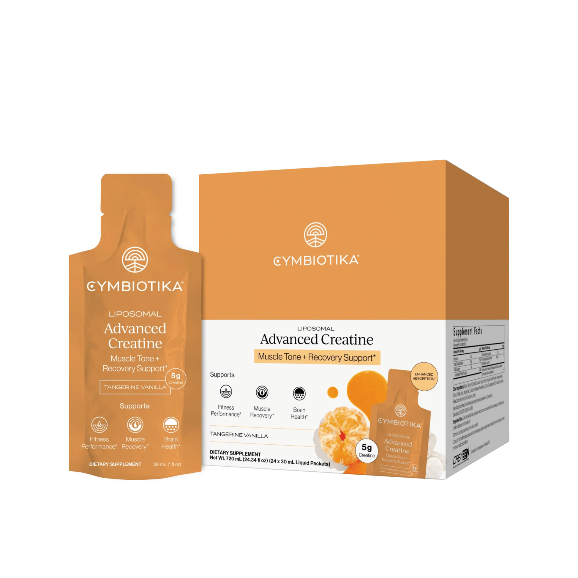 Primary Image of Liposomal Advanced Creatine Pack, orange and white supplement pouch and box