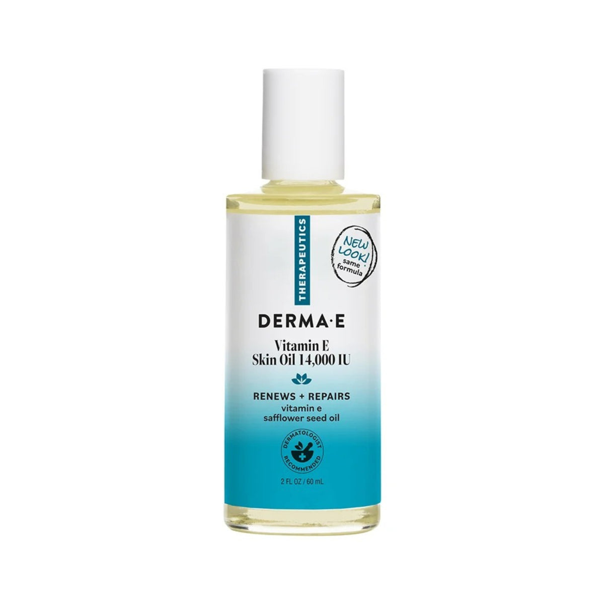Front view of DERMA E Vitamin E Skin Oil 14,000 I.U. bottle showcasing its turquoise label and white cap on a white background
