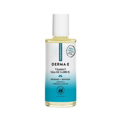 Front view of DERMA E Vitamin E Skin Oil 14,000 I.U. bottle showcasing its turquoise label and white cap on a white background