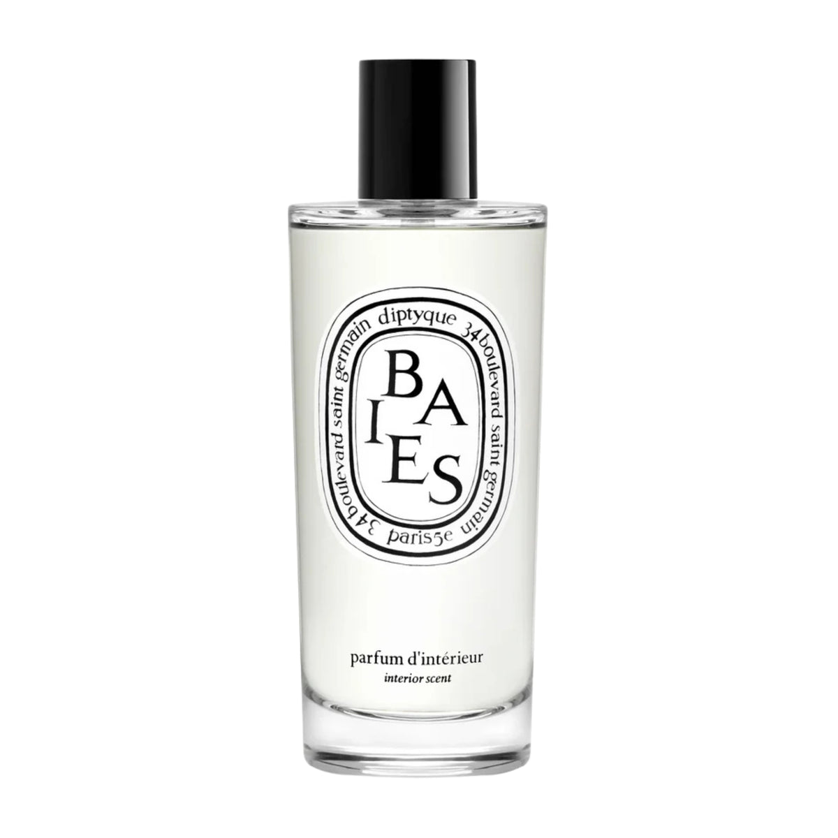 Front view of diptyque Paris Baies Room Spray showcasing its BAIES label and black cap against a white background