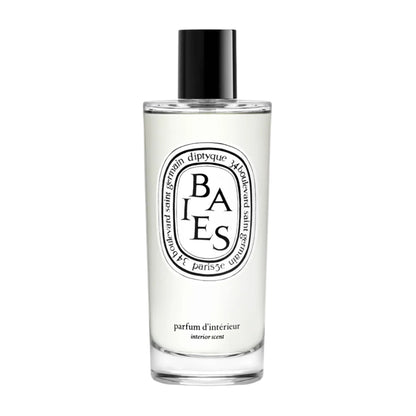 Front view of diptyque Paris Baies Room Spray showcasing its BAIES label and black cap against a white background