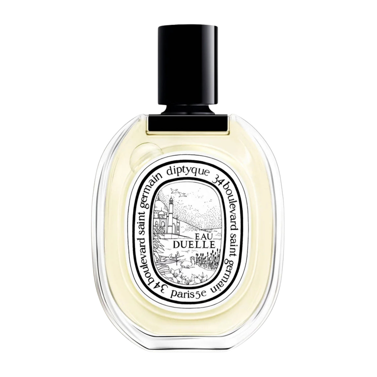 Front view of diptyque Paris Eau Duelle Eau de Toilette bottle with oval glass design and black cap on white background