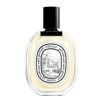 Front view of diptyque Paris Eau Duelle Eau de Toilette bottle with oval glass design and black cap on white background