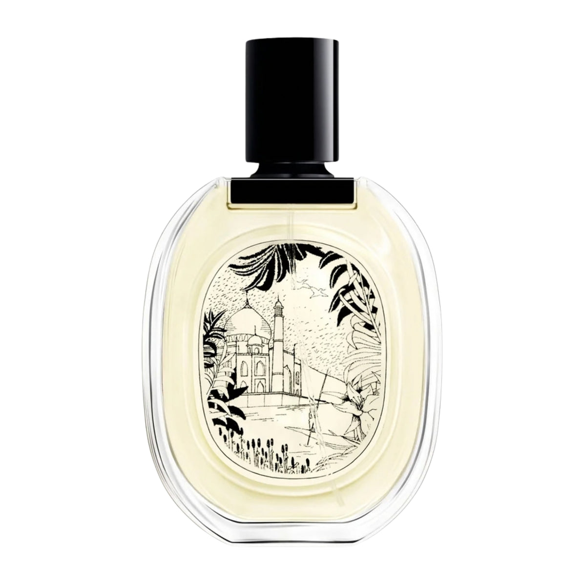 Front view of diptyque Paris Eau Duelle Eau de Toilette bottle with pale yellow liquid, black cap, and illustrated label