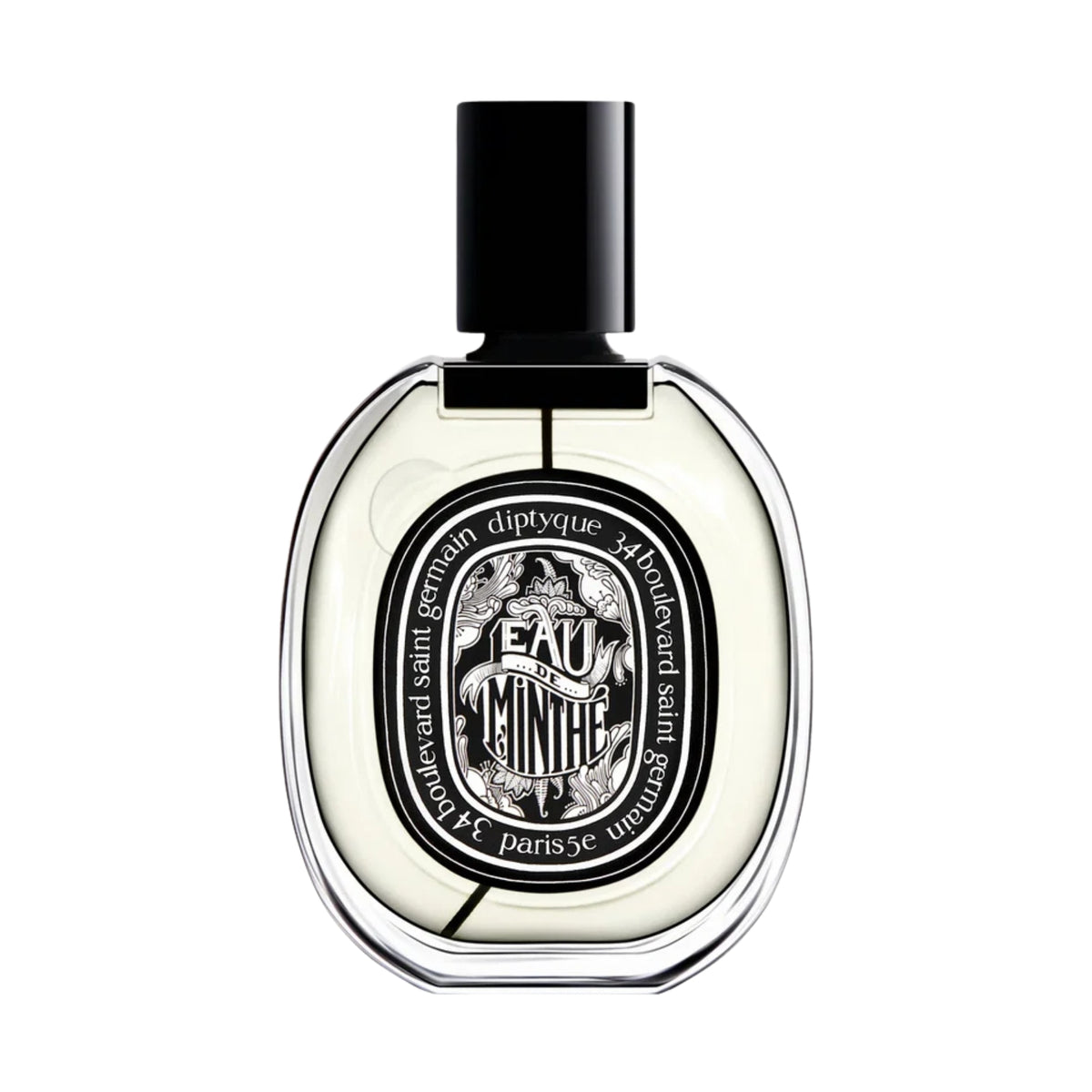 Front view of diptyque Paris Eau de Minthe Eau De Parfum showcasing a clear oval bottle, black cap, and central label