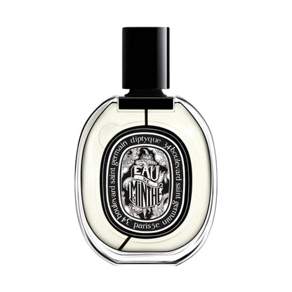 Front view of diptyque Paris Eau de Minthe Eau De Parfum showcasing a clear oval bottle, black cap, and central label