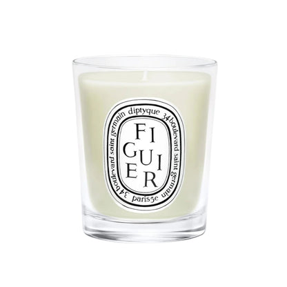 Front view of diptyque Paris Figuier Small Candle showcasing pale green wax and oval FIGUIER label on white background