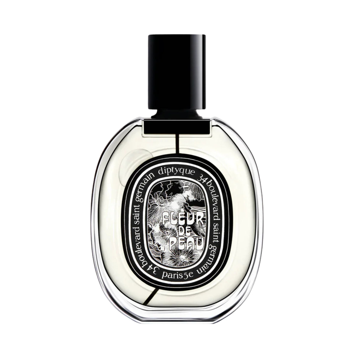 Front view of diptyque Paris Fleur de Peau Eau de Parfum bottle showing clear oval glass and black cap