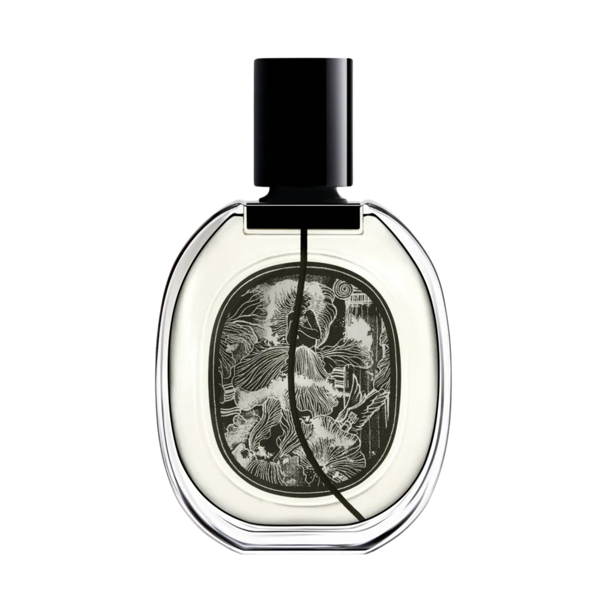 Front view of Fleur de Peau Eau de Parfum showcasing its oval glass bottle and black floral label on a white background