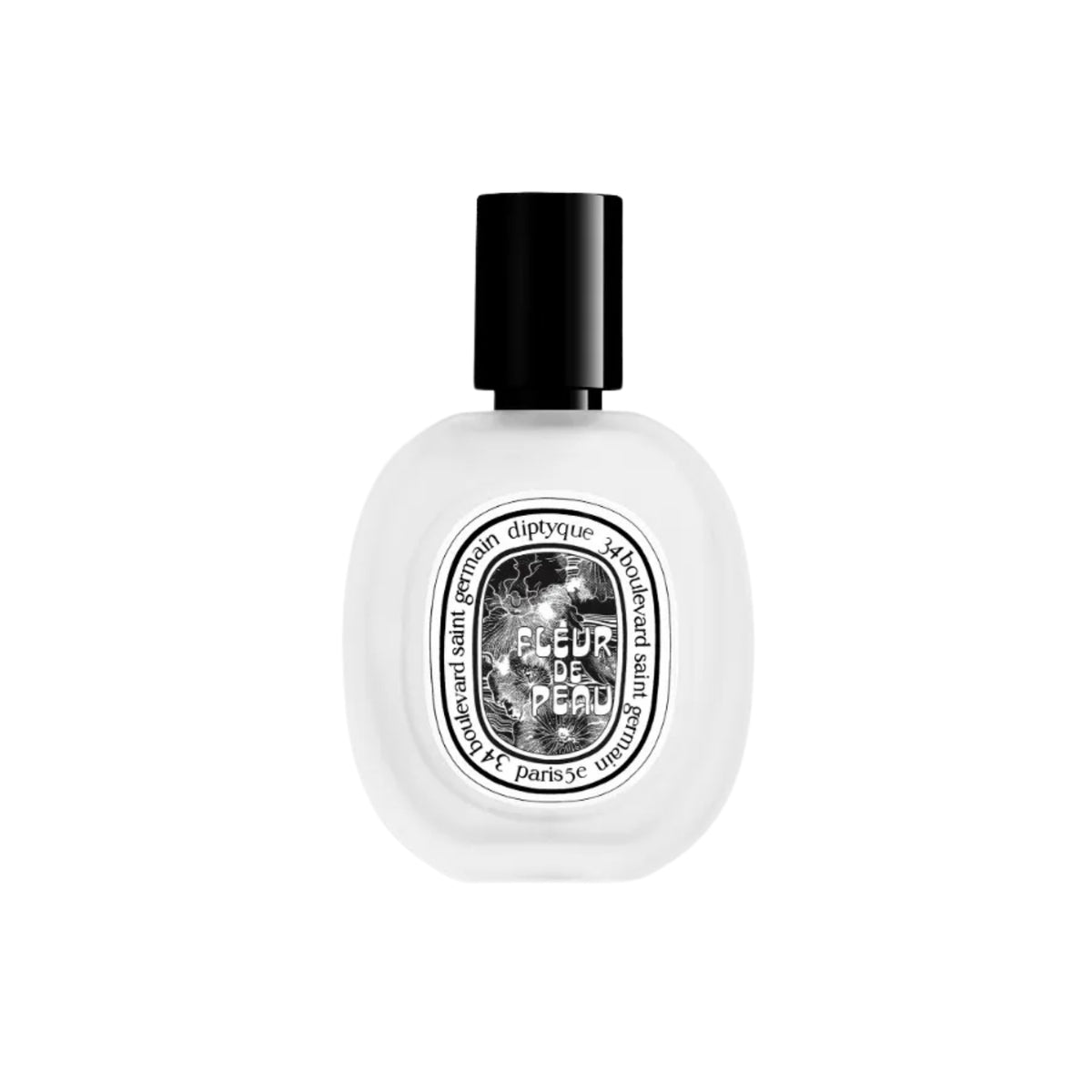 Front view of diptyque Paris Fleur de Peau Hair Mist showcasing white oval bottle and black cap on white background