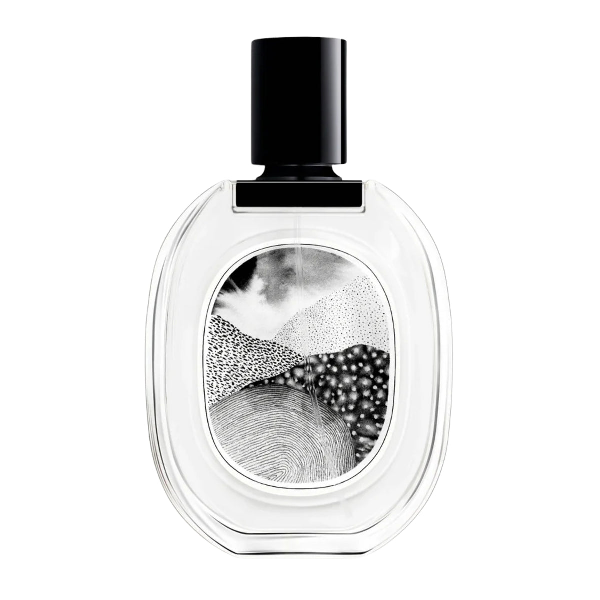 Front view of diptyque Paris L’Eau Papier Eau de Toilette bottle showcasing black and white artwork with white background