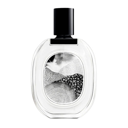 Front view of diptyque Paris L’Eau Papier Eau de Toilette bottle showcasing black and white artwork with white background