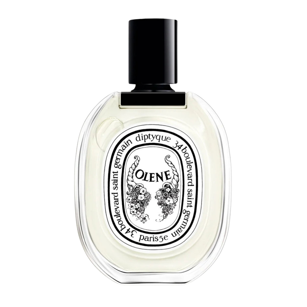 Front view of diptyque Paris Olene Eau de Toilette bottle showcasing an oval illustrated label on a white background