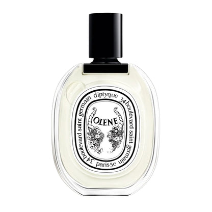 Front view of diptyque Paris Olene Eau de Toilette bottle showcasing an oval illustrated label on a white background
