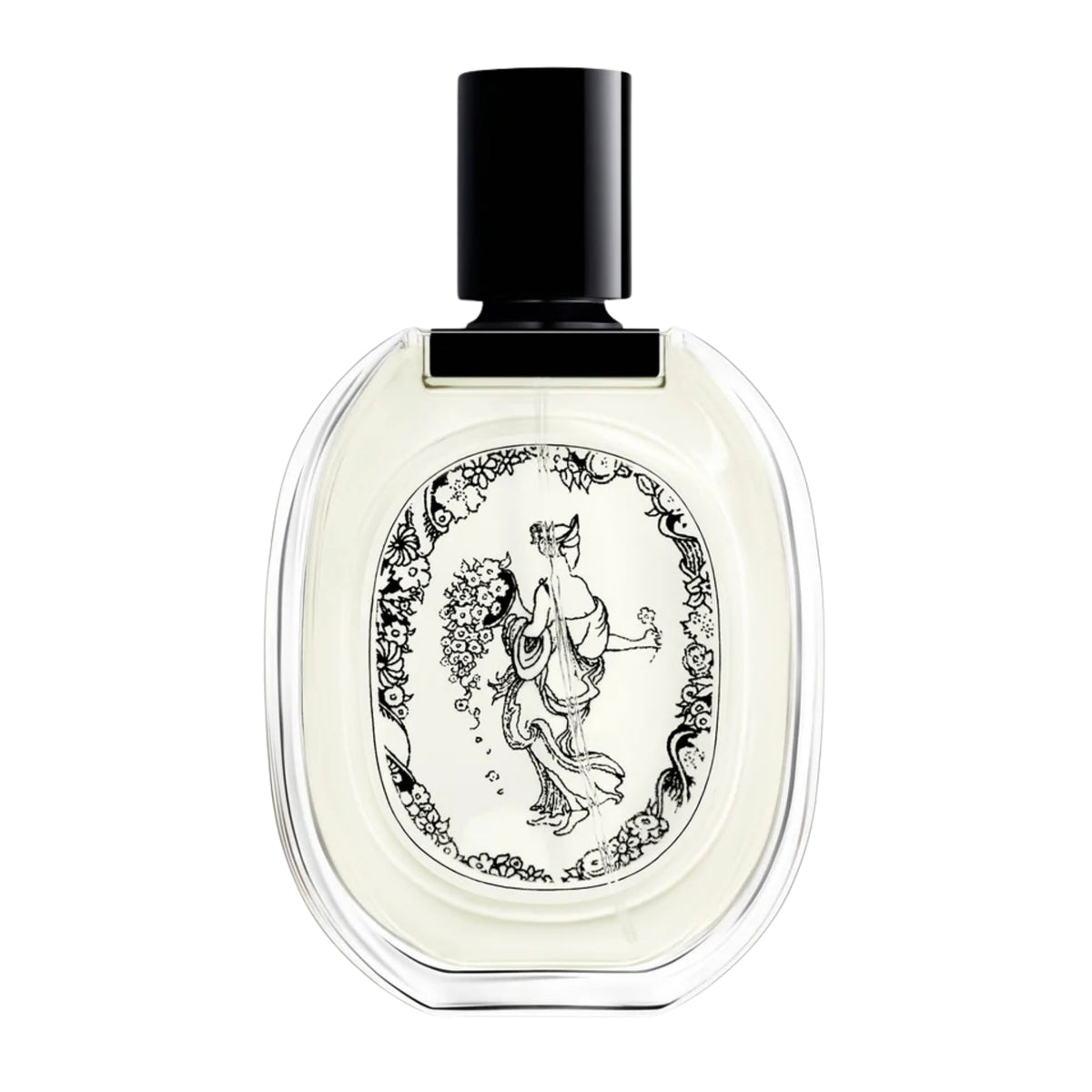 Front view of diptyque Paris Olene Eau de Toilette showcasing its floral illustration and black cap with a white background