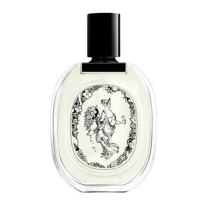 Front view of diptyque Paris Olene Eau de Toilette showcasing its floral illustration and black cap with a white background