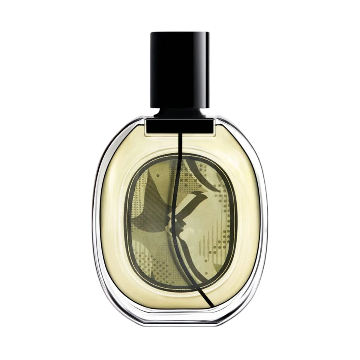 Front view of diptyque Paris Orpheon Eau de Parfum 75 ml showcasing oval bottle and black cap against white background