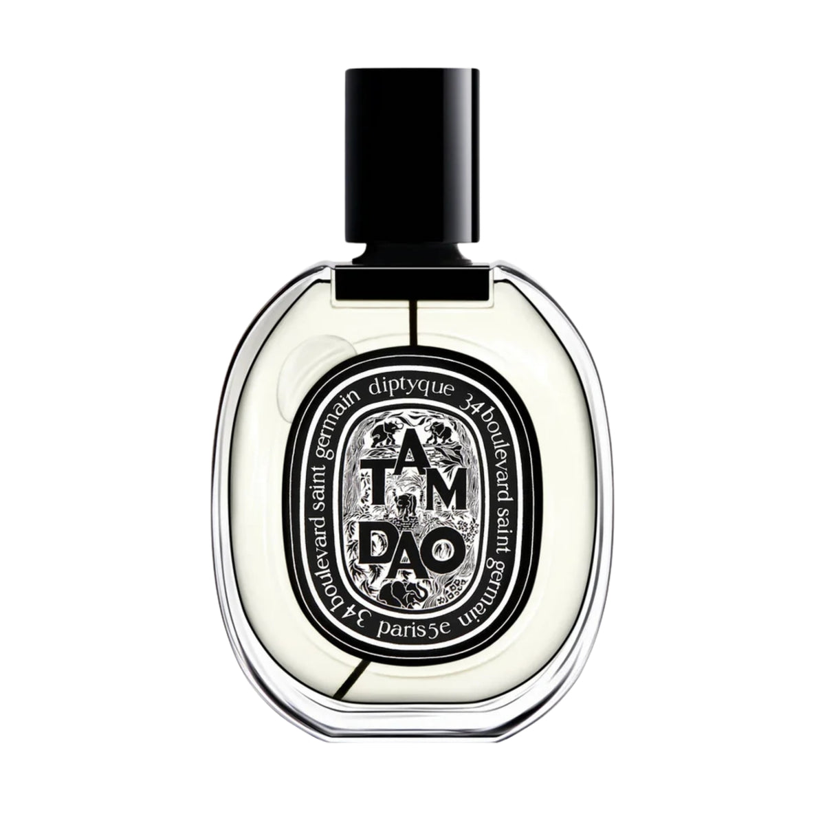 Front view of diptyque Paris Tam Dao Eau De Parfum bottle showcasing oval label on a white background