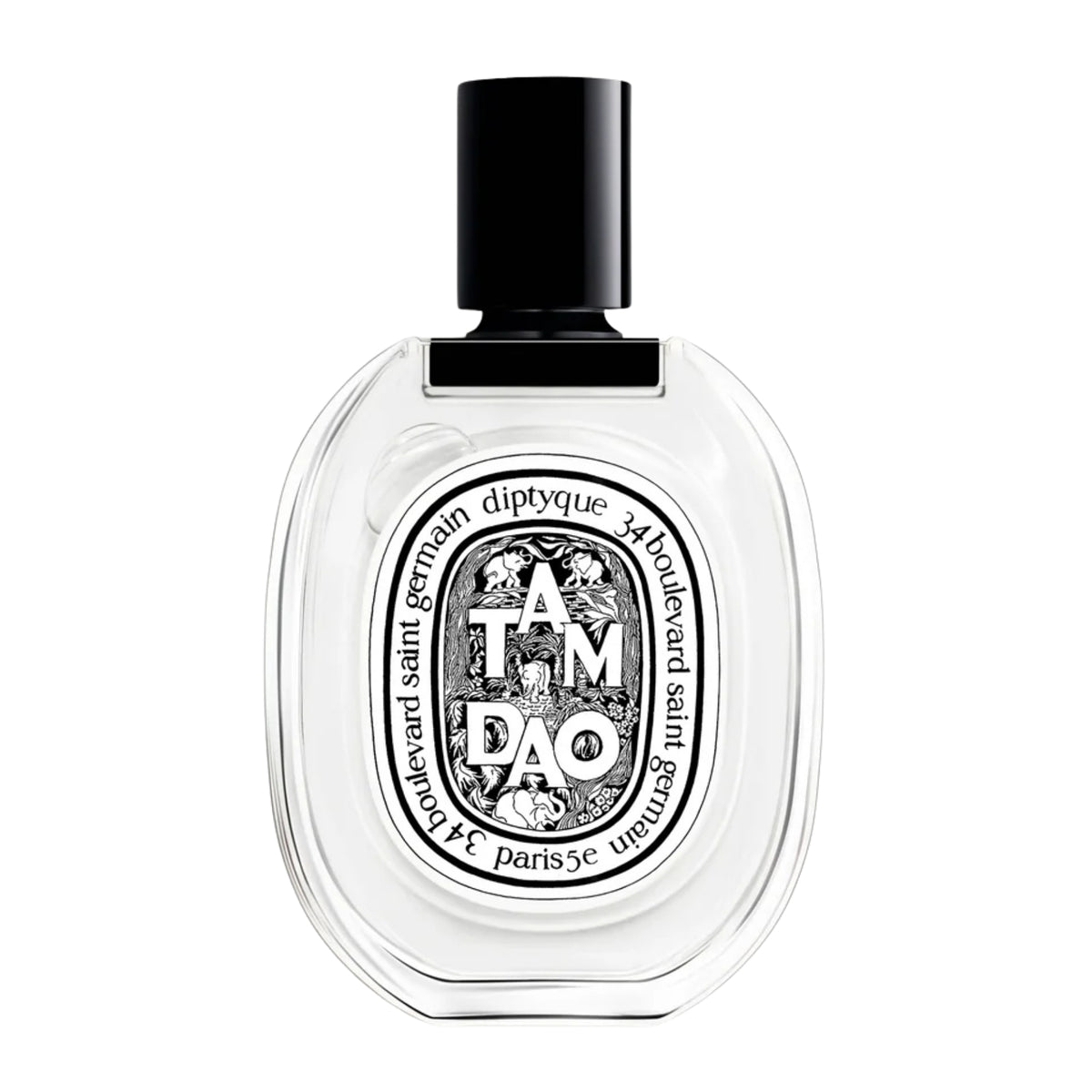 Front view of diptyque Paris Tam Dao Eau de Toilette bottle showcasing its oval glass design and black cap on a white background