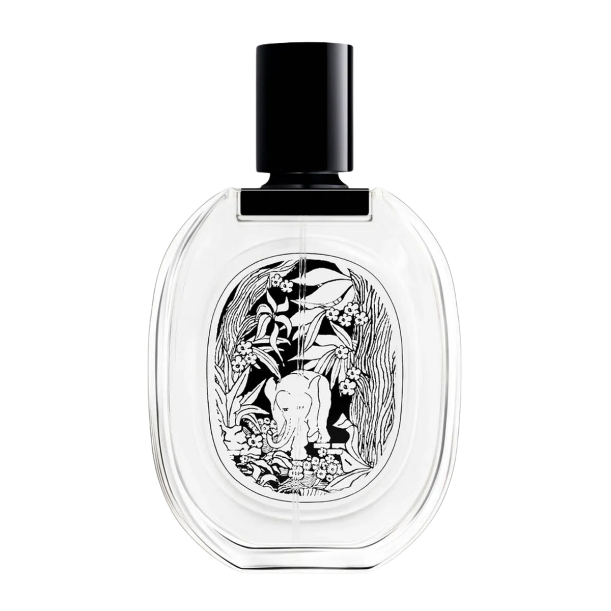 Front view of diptyque Paris Tam Dao Eau de Toilette showcasing its illustrated label and black cap on a white background