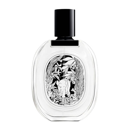 Front view of diptyque Paris Tam Dao Eau de Toilette showcasing its illustrated label and black cap on a white background