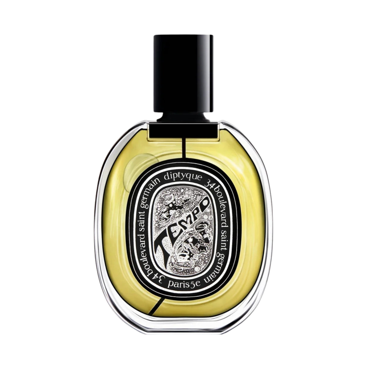 Front view of diptyque Paris Tempo Eau de Parfum showcasing its yellow oval bottle and black cap on a white background
