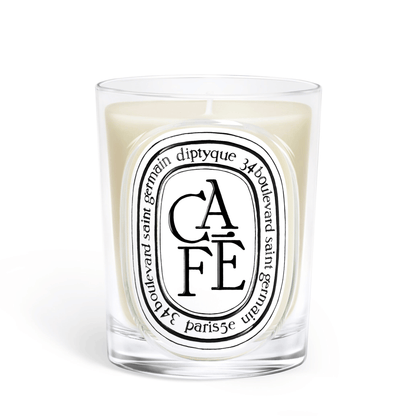 Primary Image of Cafe Candle, clear glass vessel with black and white oval label