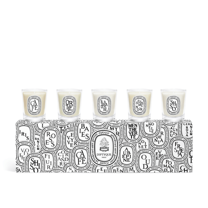 Front view of diptyque Paris Miniature Candle Set with five labeled candles in illustrated white vessels on a white background