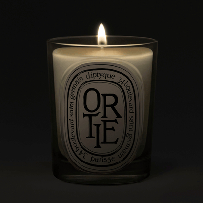 Alternate Image of Ortie Candle, clear glass vessel with black and white oval label