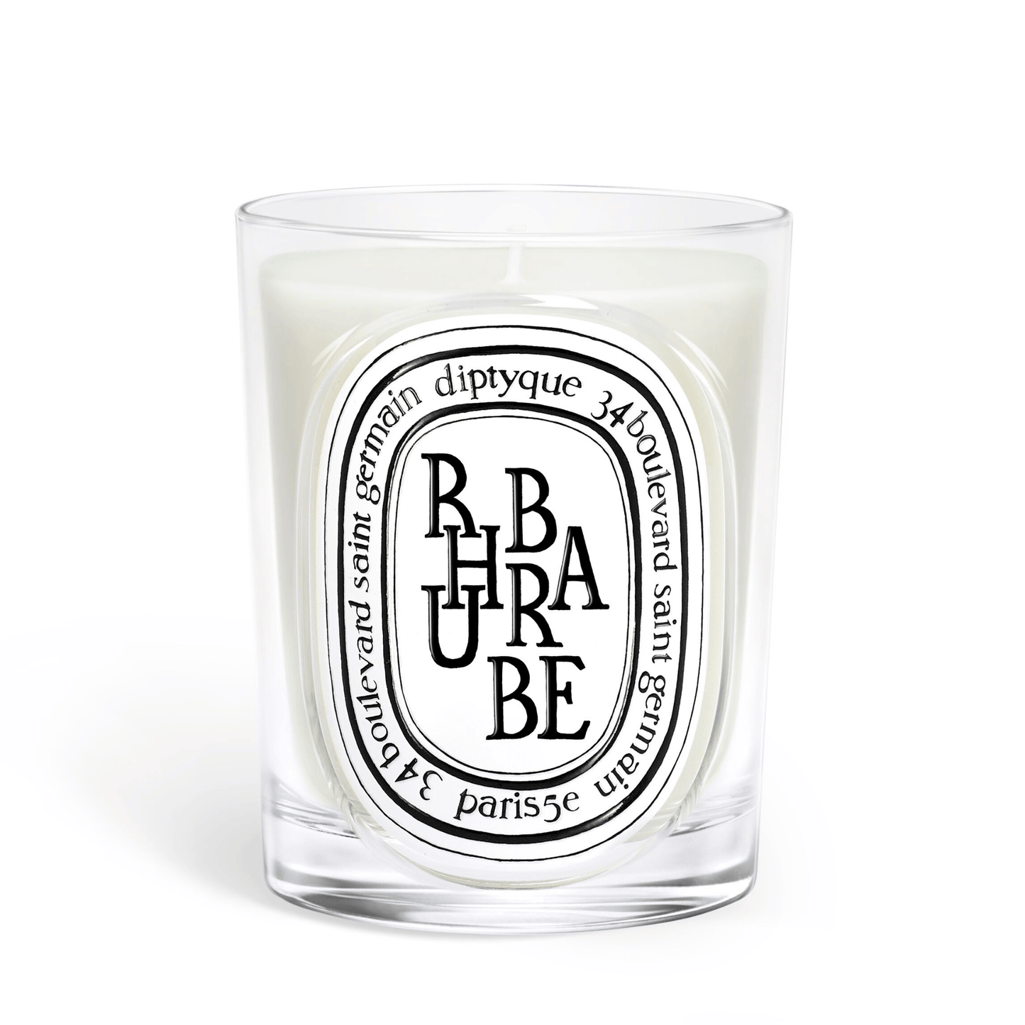 Primary Image of Rhubarb Candle, clear glass vessel with black and white oval label
