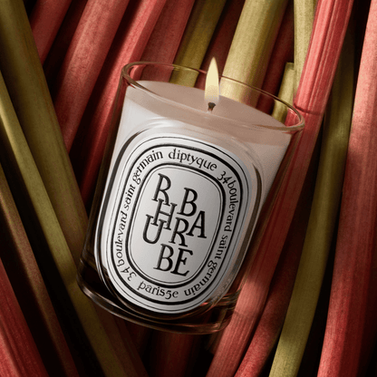 Atlernate Image of Rhubarb Candle, clear glass vessel with black and white oval label