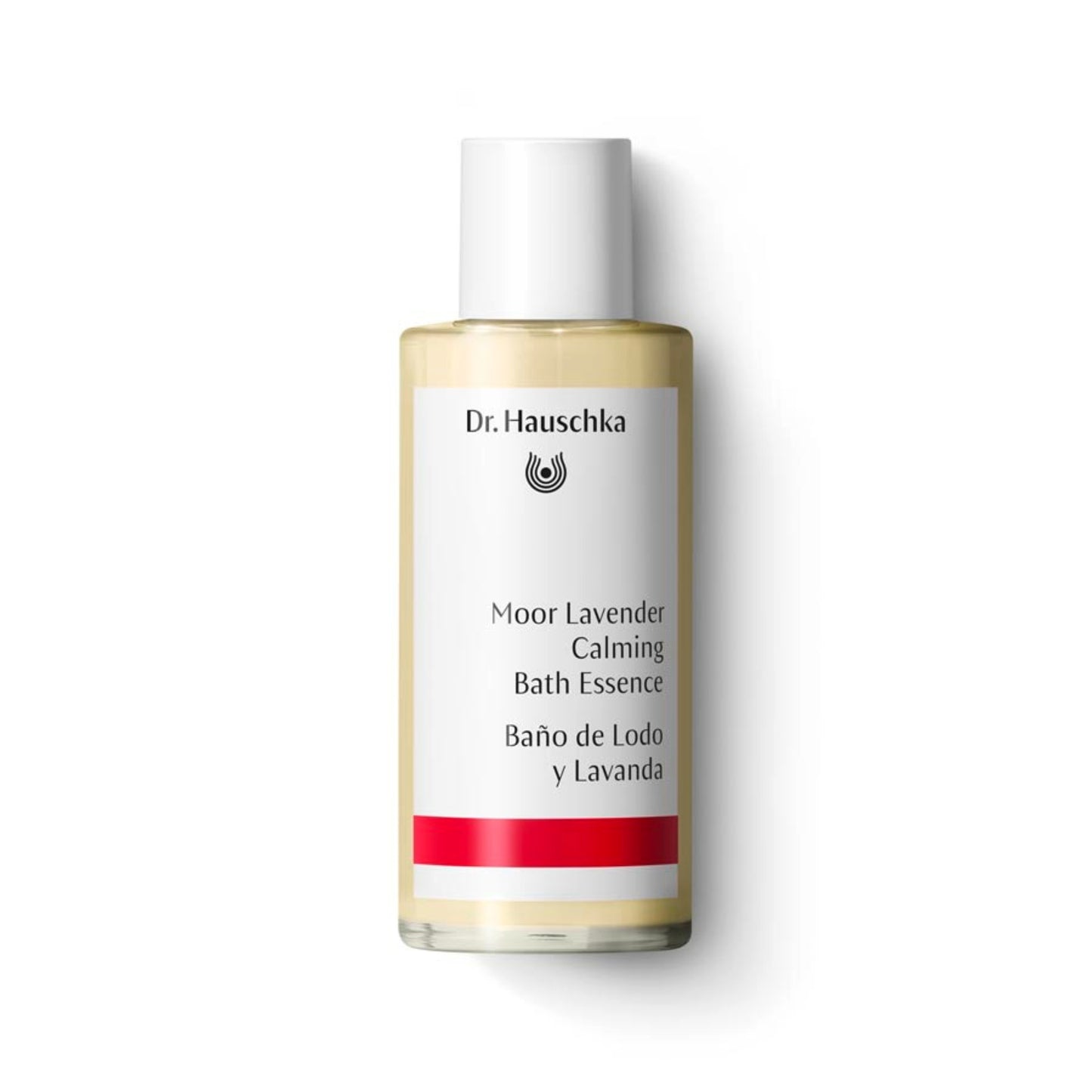 Primary Image of Moor Lavender Calming Bath Essence, clear glass bottle with white label