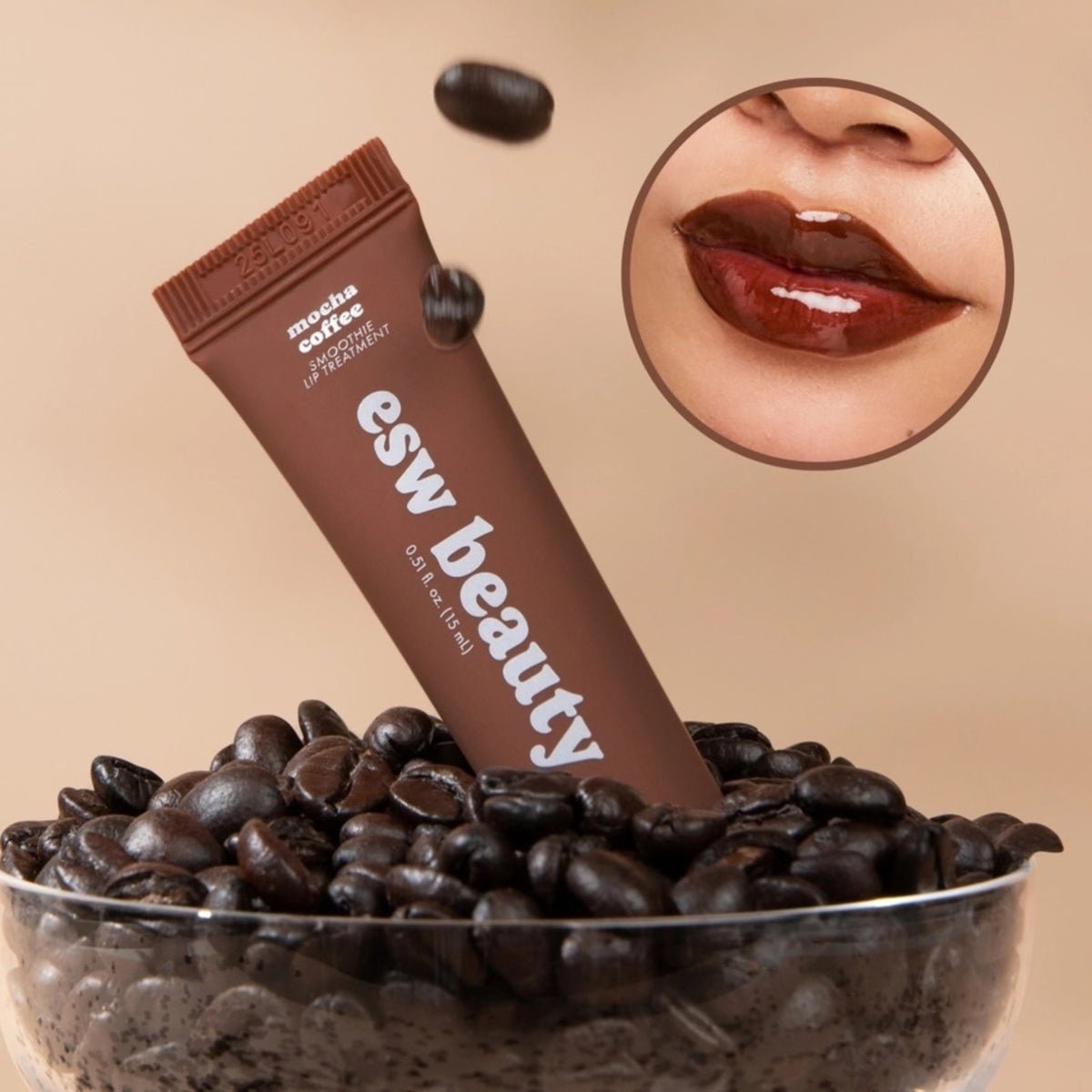 Alternate Image of Holiday Mocha Coffee Smoothie Advanced Smoothing Lip Treatment, brown lip balm tube and swatch