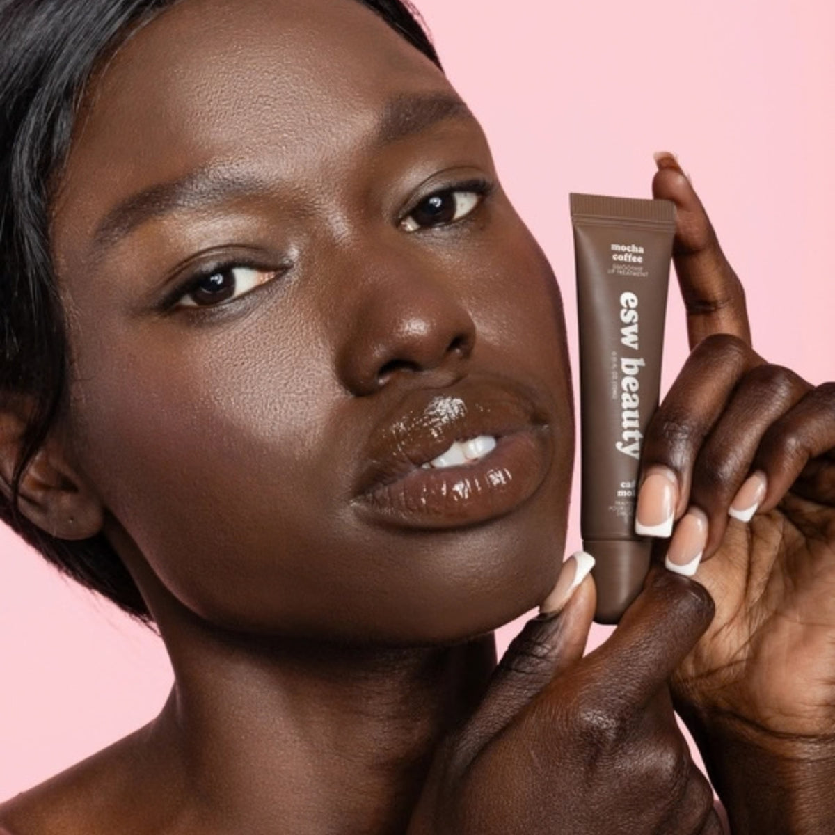 Alternate Image of Holiday Mocha Coffee Smoothie Advanced Smoothing Lip Treatment, brown lip balm tube and model