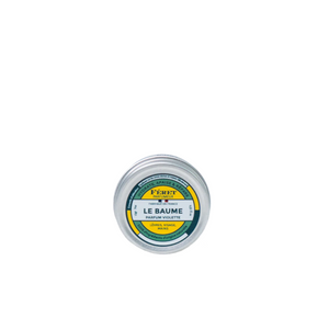 Top view of Feret Parfumeur Violet All-in-One Balm showcasing its round metal tin and labeled lid on a white background