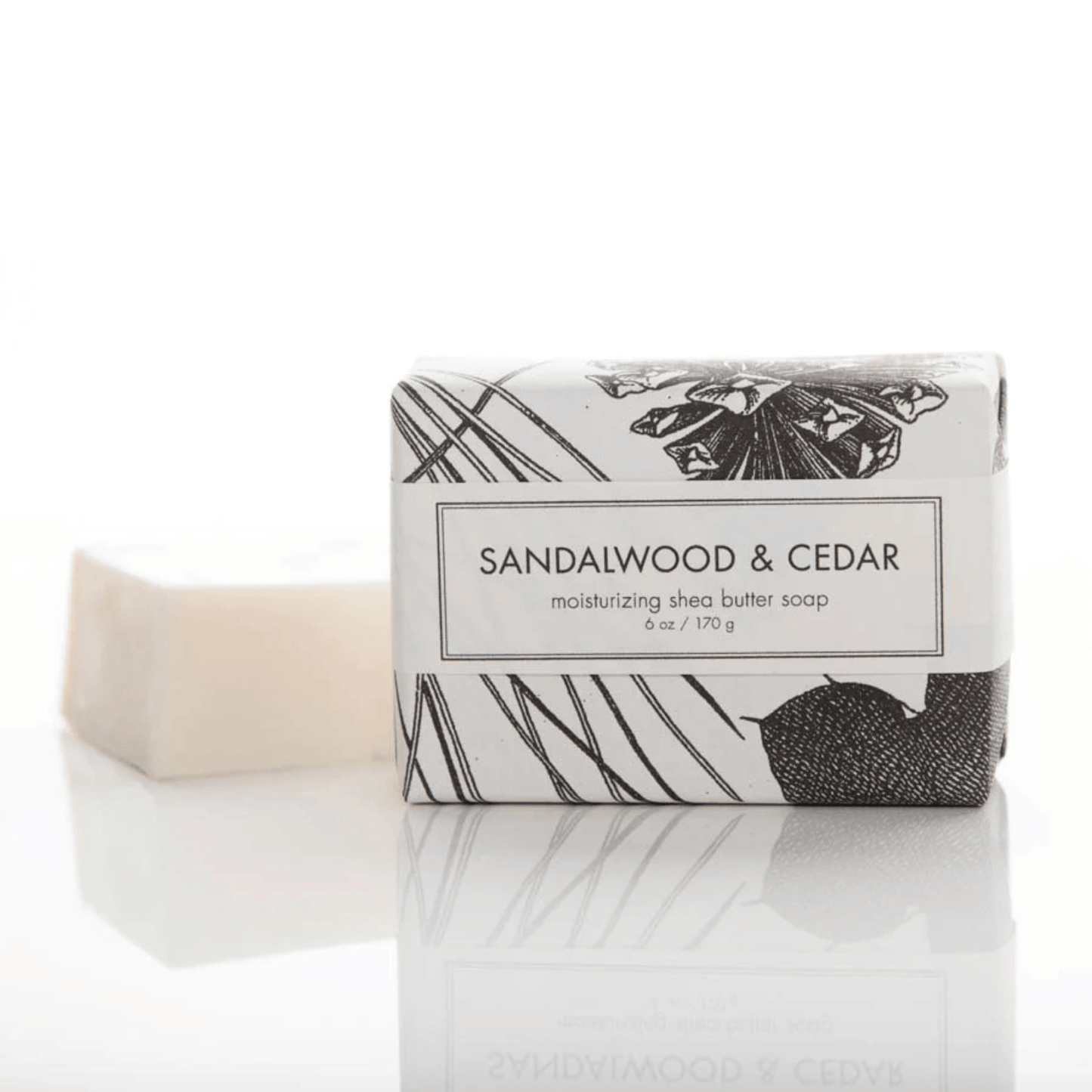 Alternate Iamge of Sandalwood & Cedar Shea Butter Bar Soap, bar soap with black and white wrapper