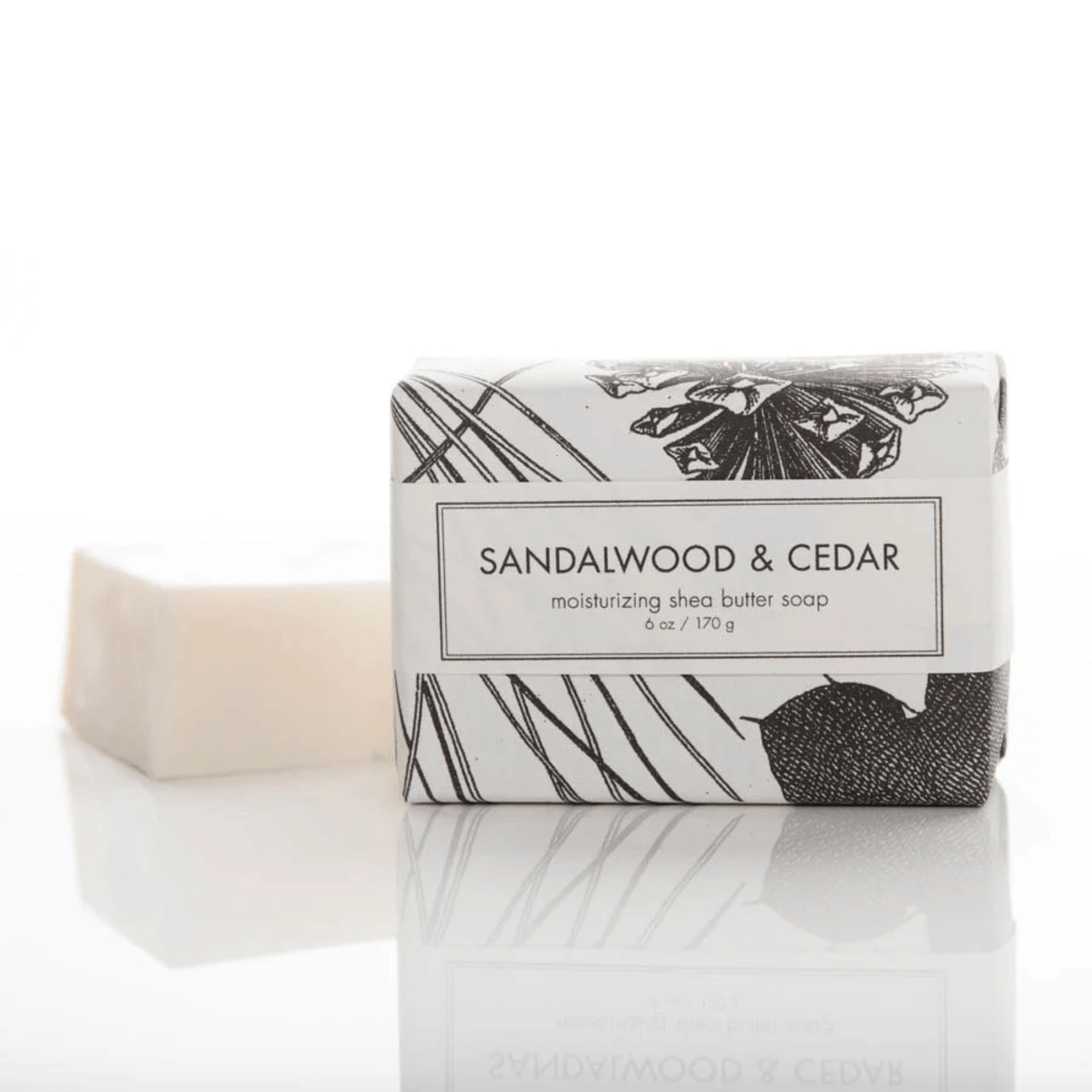 Alternate Iamge of Sandalwood & Cedar Shea Butter Bar Soap, bar soap with black and white wrapper