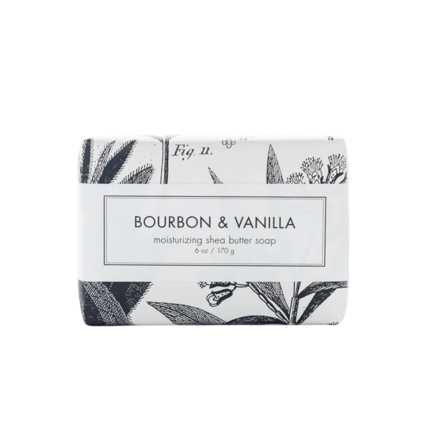Primary Image of Bourbon & Vanilla Shea Butter Bar Soap, bar soap with black ad white wrapper