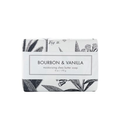 Primary Image of Bourbon & Vanilla Shea Butter Bar Soap, bar soap with black ad white wrapper