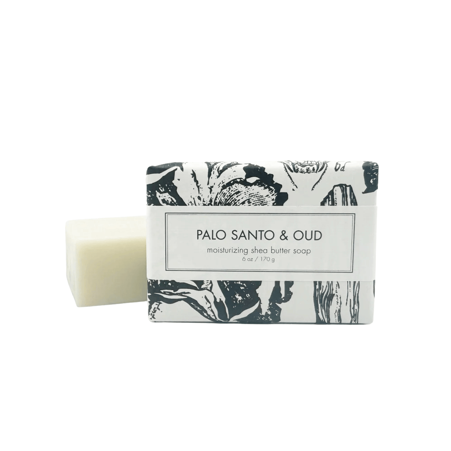 Primary image of Palo Santo & Oud Shea Butter Bar Soap, bar soap with black and white wrapper