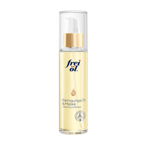 Front view of Frei Oel Cleansing Oil and Mask bottle showcasing its pump dispenser and pale yellow oil on a white background