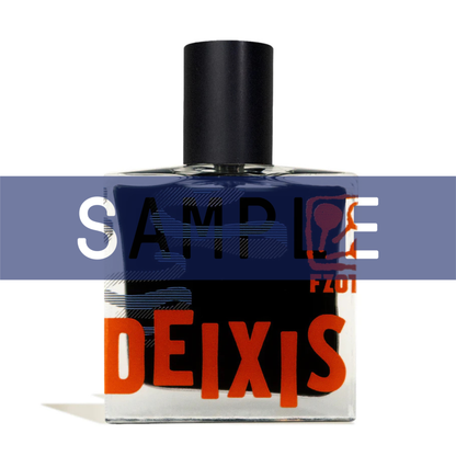 Primary Image of Sample - Deixis EDP, clear perfume bottle with dark liquid and sample written on the image