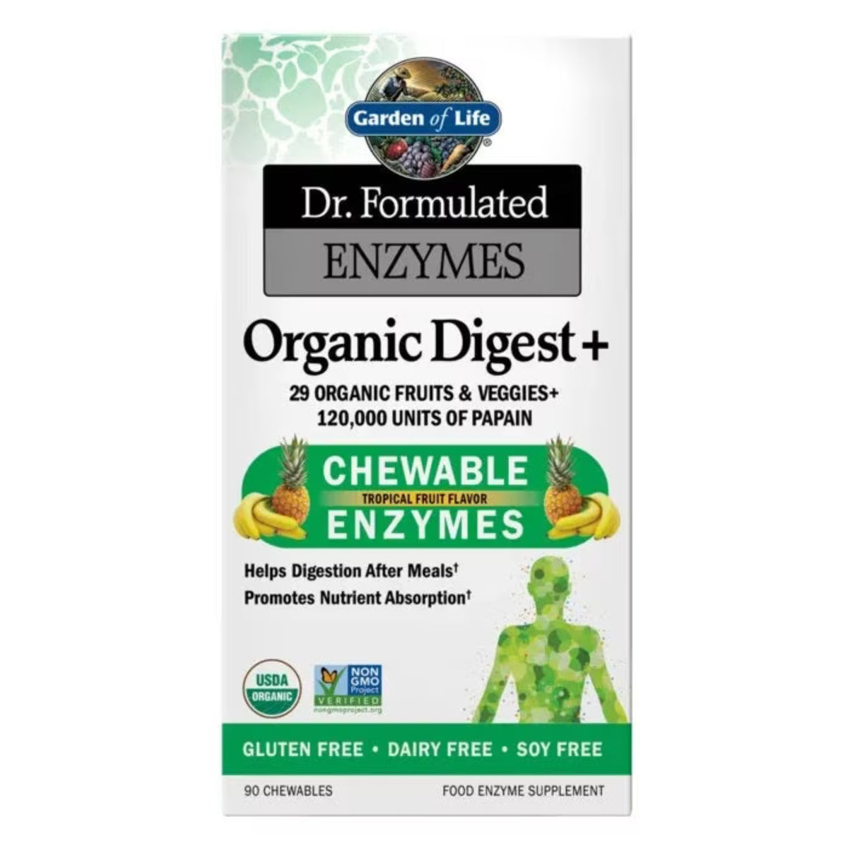 Primary Image of Dr. Formulated Enzymes Organic Digest+ Tropical Fruit Chewable, green and white box