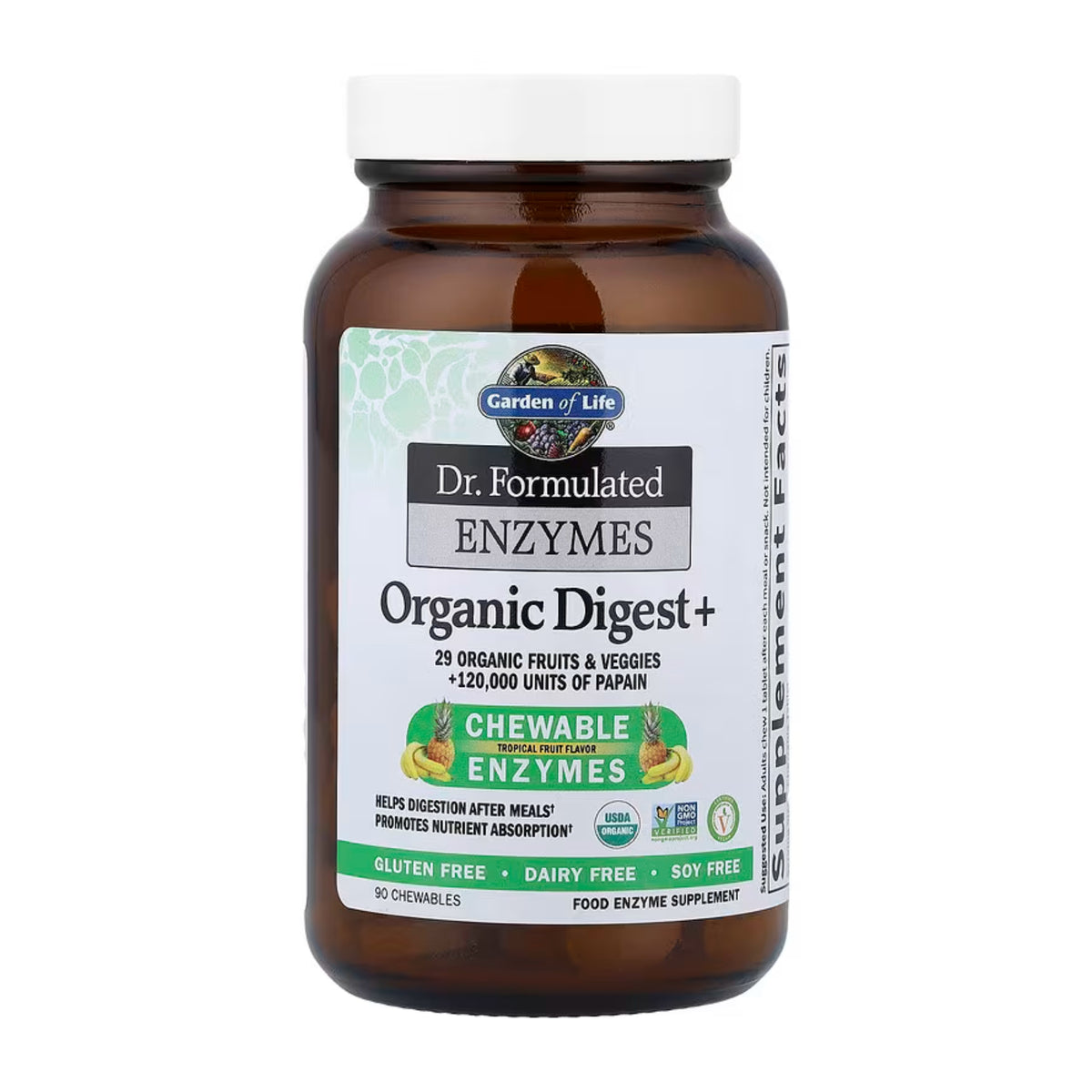 Alternate Image of Dr. Formulated Enzymes Organic Digest+ Tropical Fruit Chewable, brown bottle with green and white label