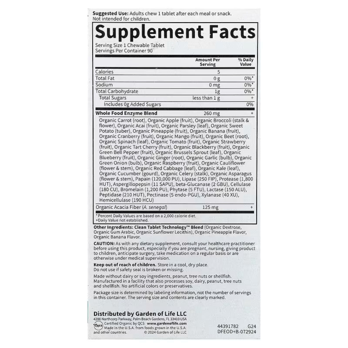 Alternate Image of Dr. Formulated Enzymes Organic Digest+ Tropical Fruit Chewable, supplement facts 